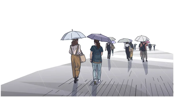 Illustratie van mensen lopen in de regen met parasols in perspectief en kleur — Stockvector