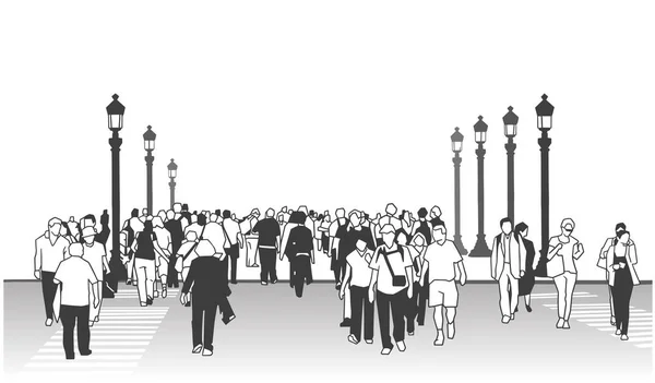 Dessin stylisé de personnes traversant la rue en perspective avec des lampadaires européens — Image vectorielle