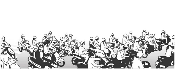 A forgalmas utcán a motorkerékpár mopedek és a motorkerékpárok, a perspektíva és a fekete-fehér illusztráció — Stock Vector