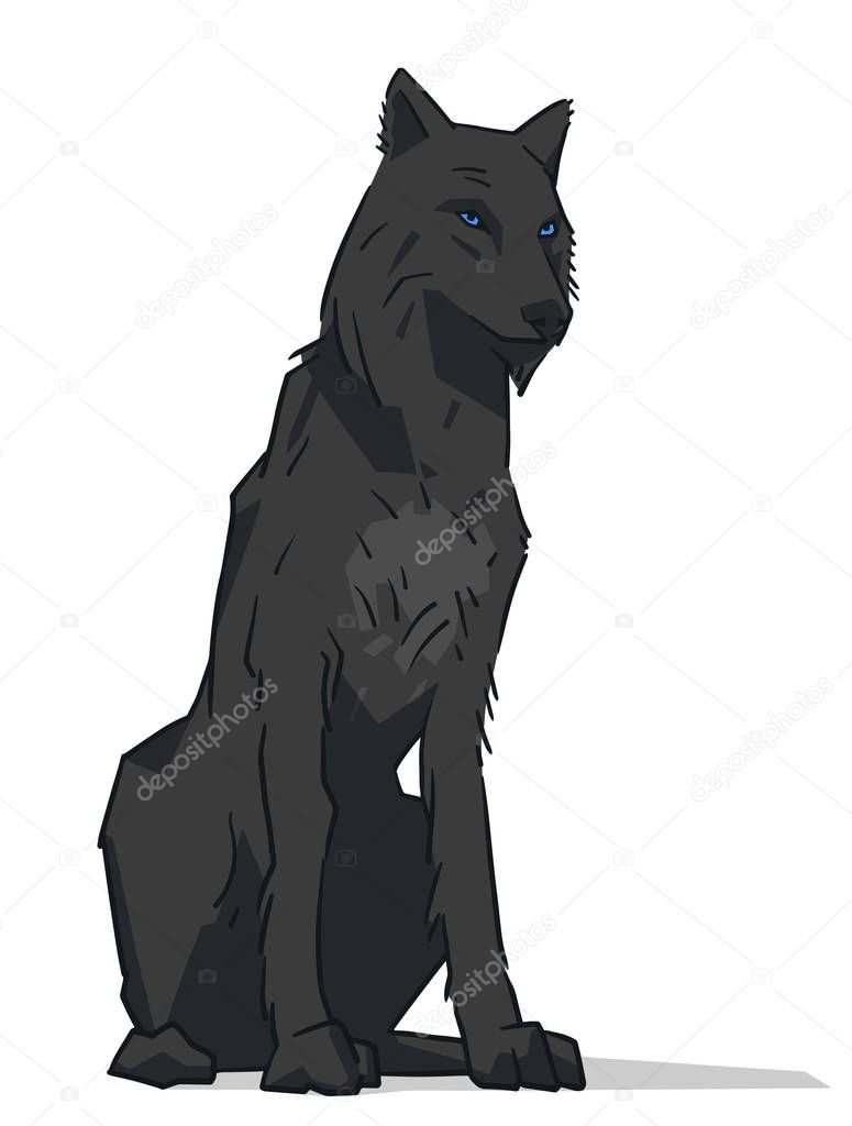 Isolated illustration of black wolf with blue eyes sitting in color