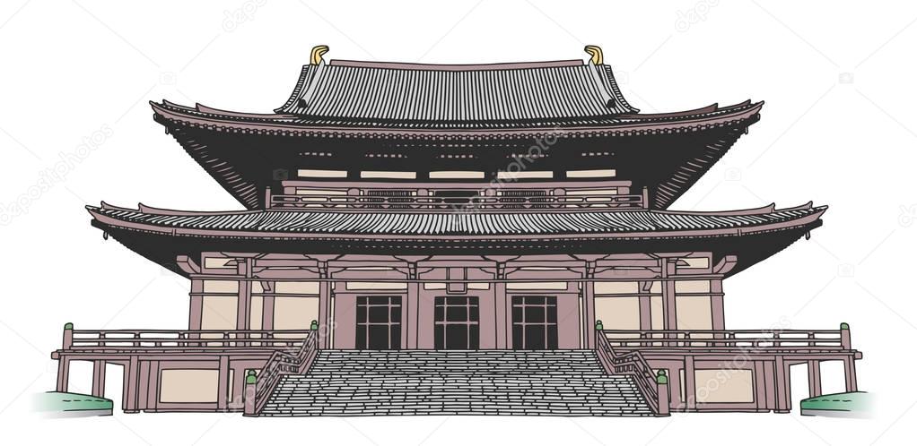 Isolated drawing of japanese style buddhist temple in color