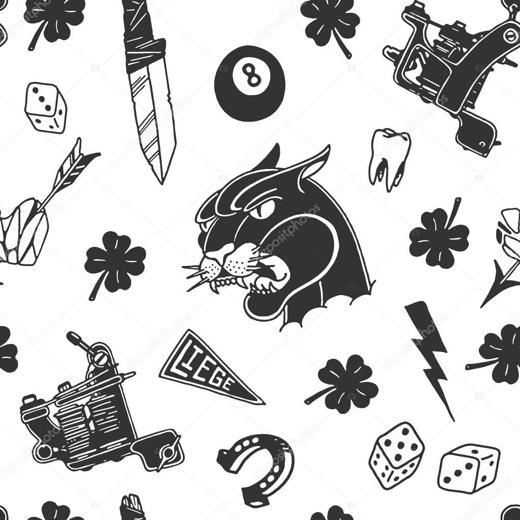Seamless pattern with traditional tattoo designs: dice, clover, knife, lightning bolt, panther, tattoo machine, tooth, snake, horseshoe and arrow in black and white
