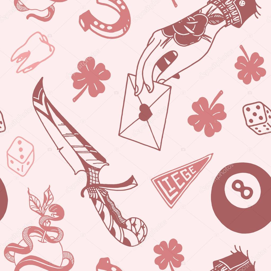 Seamless pattern with traditional tattoo designs: dice, clover, knife, lightning bolt, panther, tattoo machine, tooth, snake, horseshoe and arrow in vintage colors