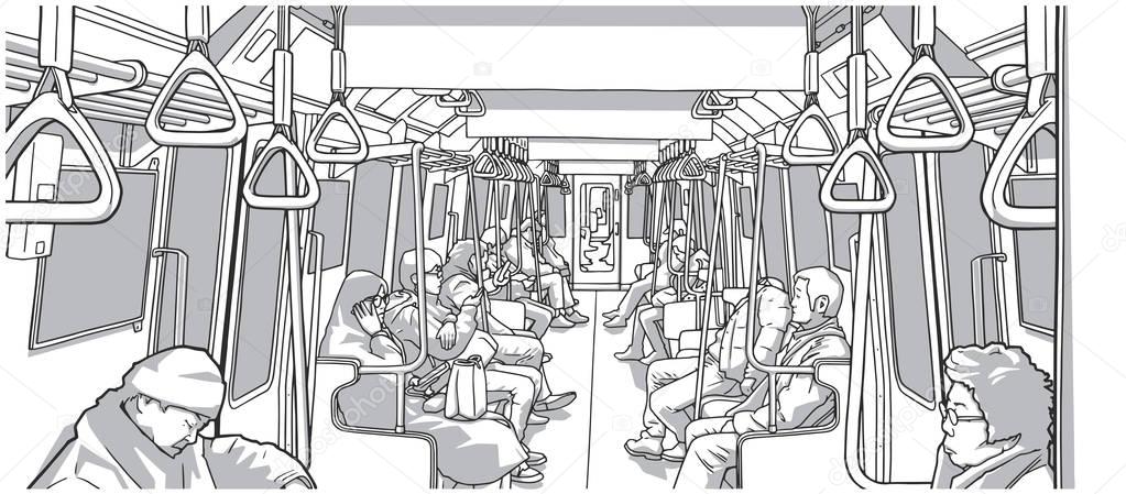 Illustration of people using public transport; train, subway, metro