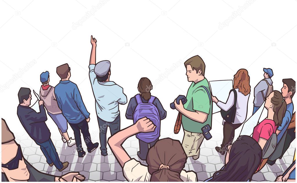 Illustration of group of demonstrators protesting in perspective in color