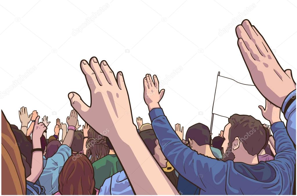 Illustration of protesting crowd with students and blank flag in color