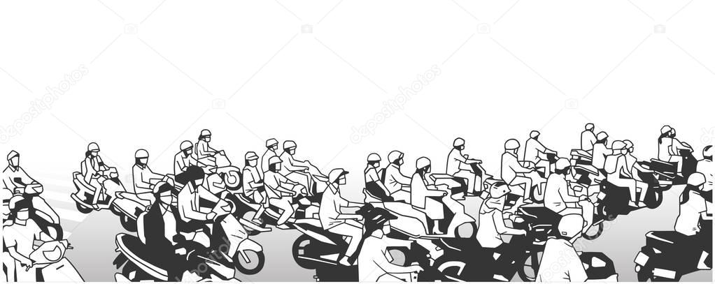 Illustration of busy street with motorbikes mopeds and motorcycles in perspective and black and white