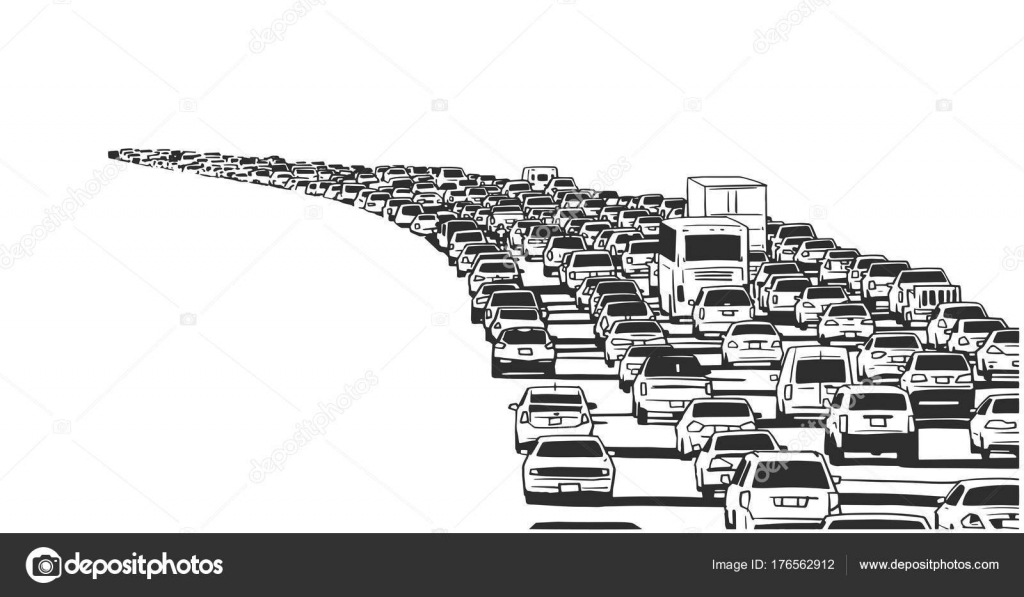 Illustration Rush Hour Traffic Jam Freeway Black White — Stock Vector