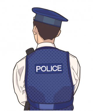 Genç erkek polis üniforması ve sırtı ile ayakta memuru izole gösteren resim