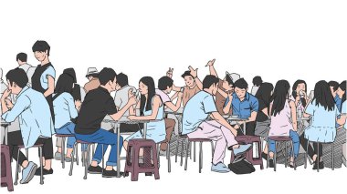 İllüstrasyon insanlar içme ve Asya sokak yemek yeme