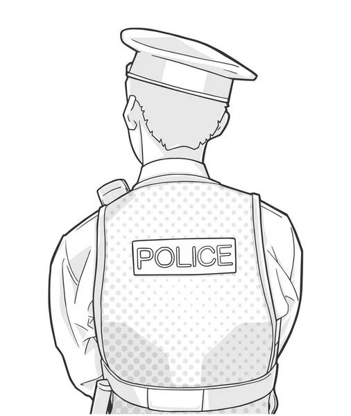 若い男性警察官の制服を着て 彼の背中の側に立っての隔離された図 — ストックベクタ