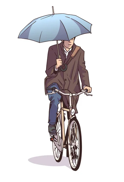 Izolované Ilustrace Člověka Jezdit Kole Drží Deštník Nosit Zimní Kabát — Stockový vektor