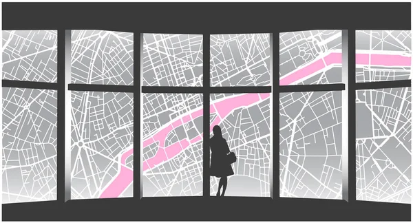 Stylized Drawing Lonely Woman Looking Cityscape Highrise Window — Stock Vector