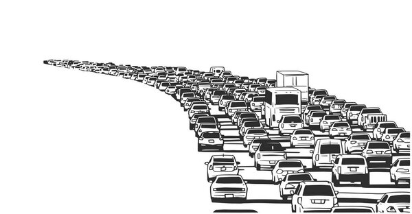 Illustration of rush hour traffic jam on freeway in black and white