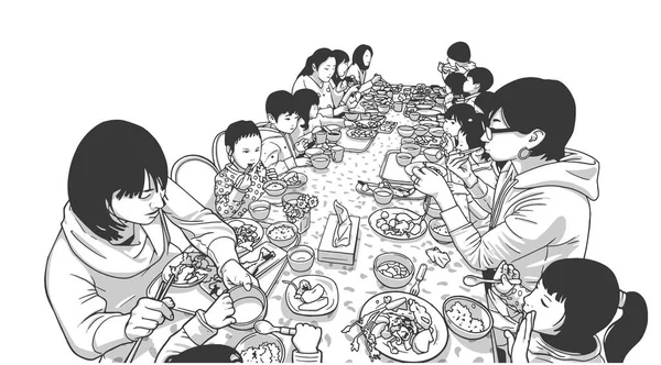 Genç anne ve çocuk bir yemek keyfi çizimi