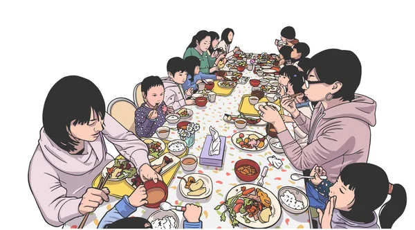 若い母親と食事を楽しむ子供たちのイラスト — ストックベクタ