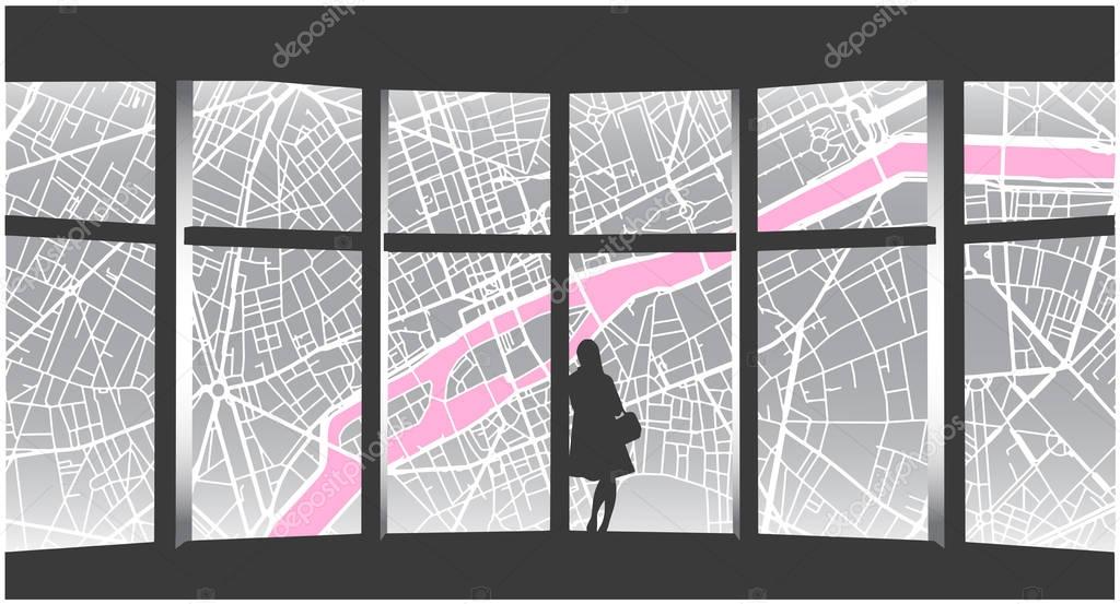 Stylized drawing of lonely woman looking at cityscape from highrise window