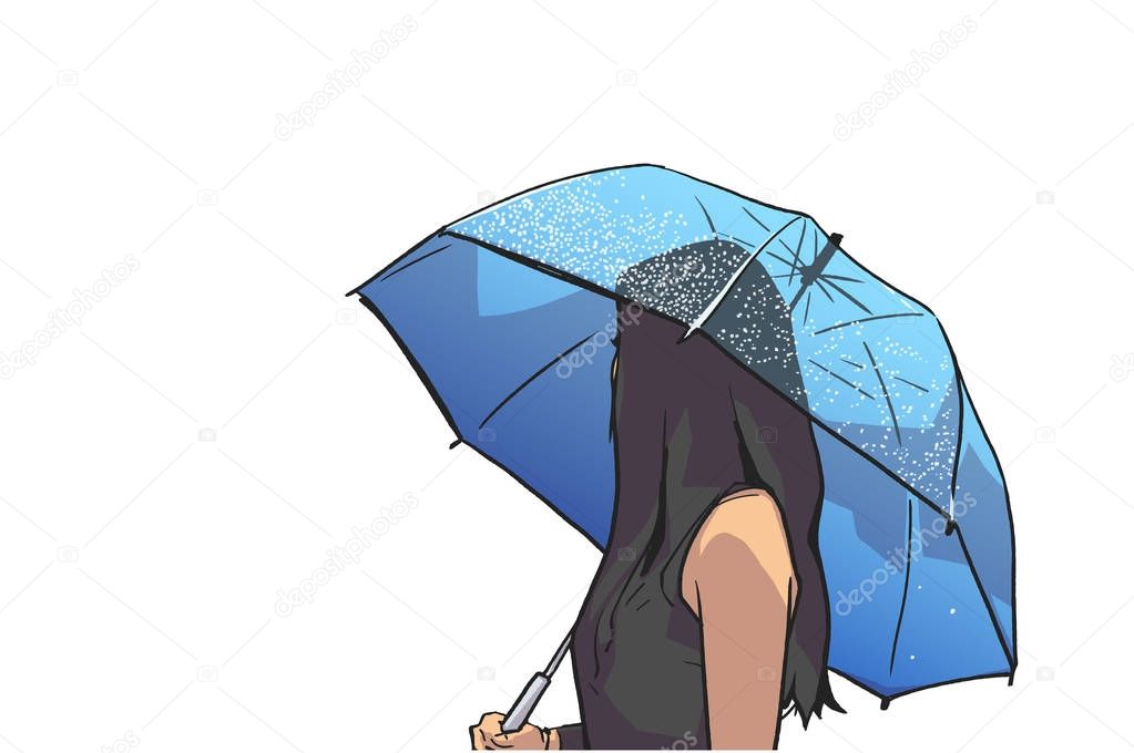 Isolated illustration of young woman holding umbrella in the rain and looking backwards