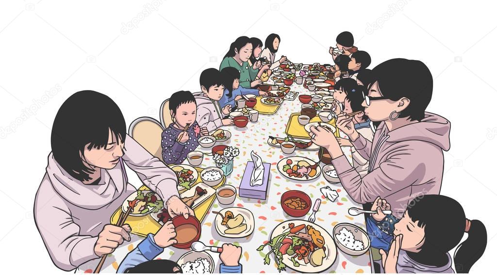 Illustration of young mothers and children enjoying a meal