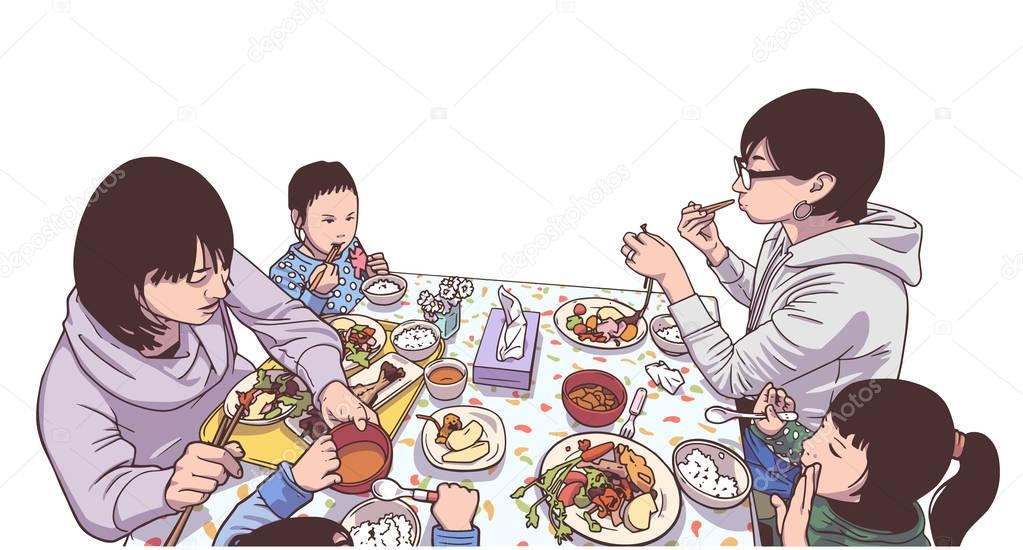 Illustration of young mothers and children enjoying a meal
