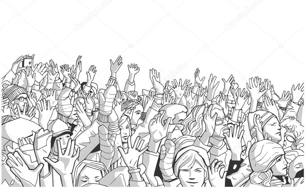 Illustration of people protesting in the cold with raised hands in grey scale