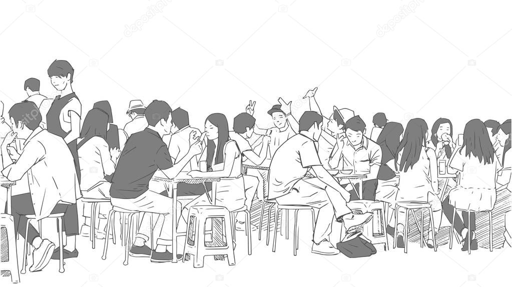 Illustration of people drinking and eating asian street food