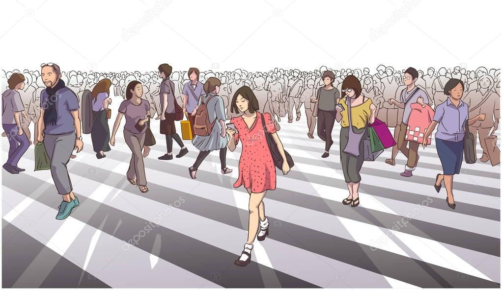 Illustration of woman in red dress crossing road with city crowd 