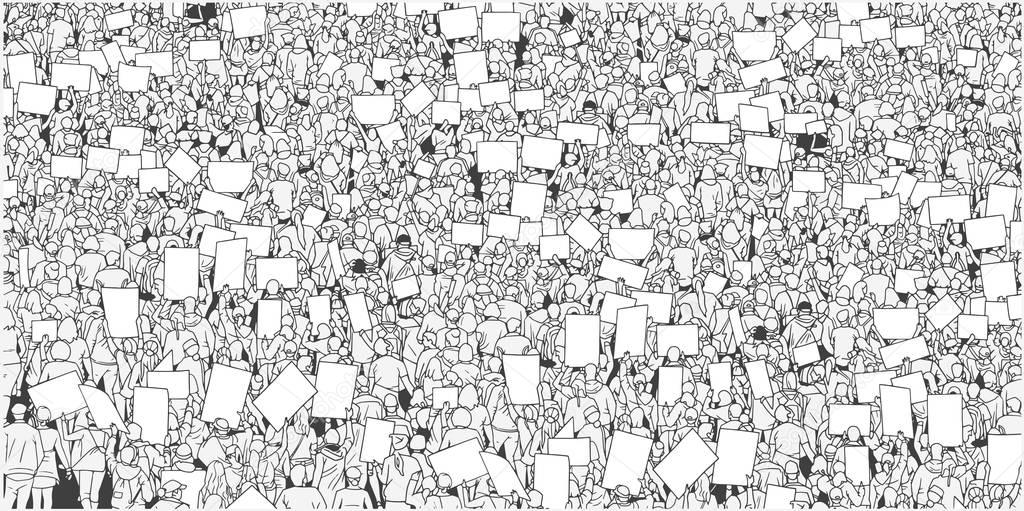 Illustration of large crowd protest with blank signs and banner in black and white