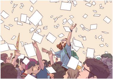 İllüstrasyon kutlama zafer, mezuniyet, havada uçan kağıt ile özgürlük öğrenci