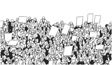 Siyah ve beyaz resimde boş işaretleri ile kalabalık protesto