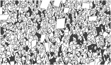 Black and white illustration of large crowd protest with blank signs clipart