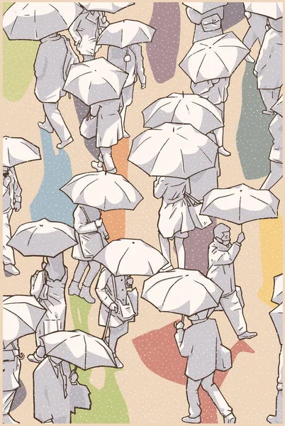 Ilustracja Zajęty Skrzyżowania Ulicy Osób Posiadających Parasole Śnieg Deszcz — Wektor stockowy