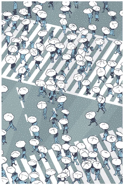 Ilustrace Rušné Ulice Křížení Lidí Deštníky Sněhu Deště — Stockový vektor