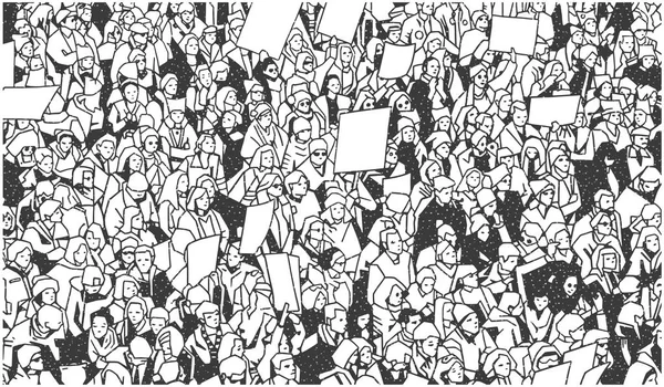 Fekete Fehér Illusztráció Nagy Tömeg Tiltakozás Üres Jelek — Stock Vector