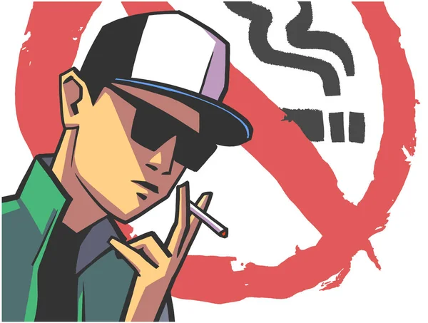 Ilustración Joven Fumando Frente Una Señal Fumar — Vector de stock