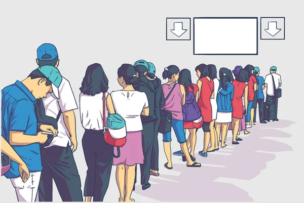 Illustration Crowd People Standing Line Perspective — Stock Vector