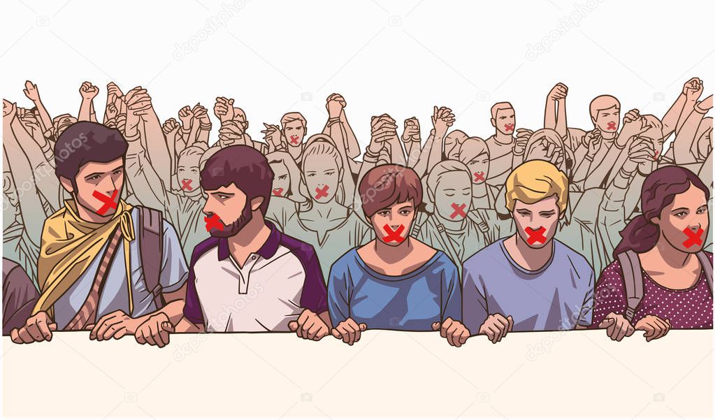Illustration of young crowd protesting and holding hands with red tape on their mouth