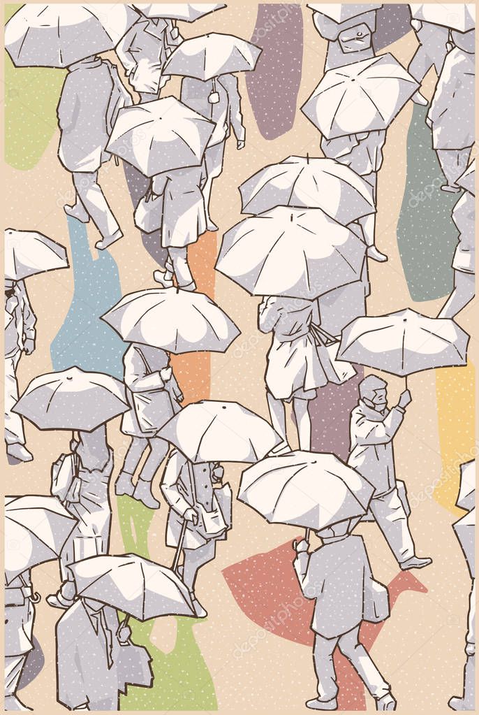 Illustration of busy street crossing with people holding umbrellas in snow and rain 