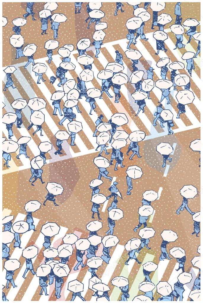 Illustration of busy street crossing with people holding umbrellas in snow and rain 