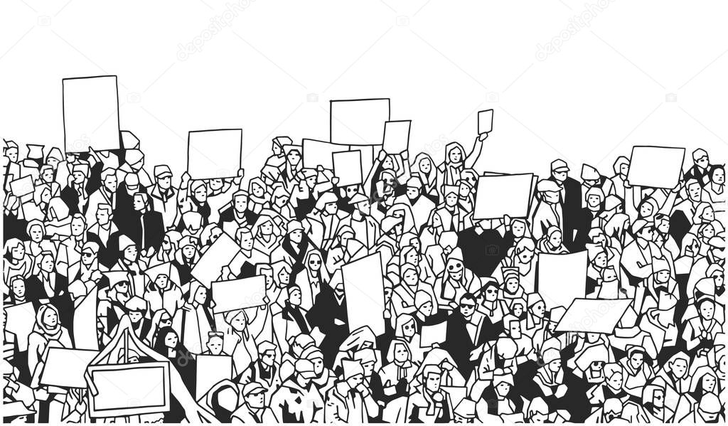 Black and white illustration of large crowd protest with blank signs