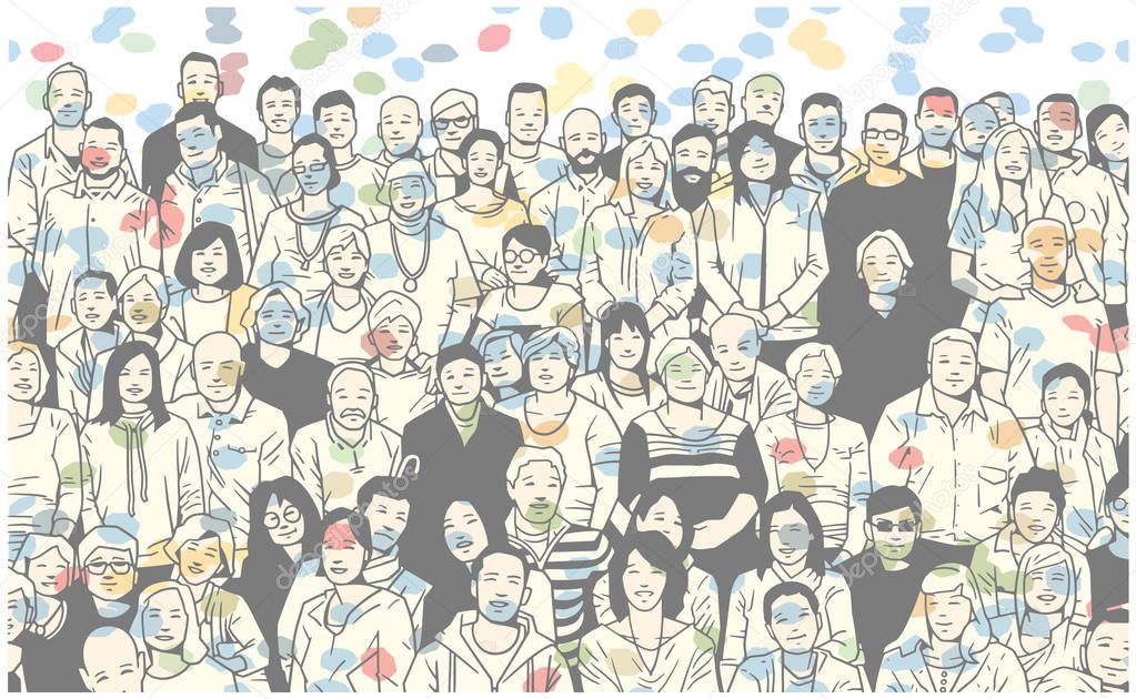 Stylized illustration of large group of people smiling and posing for a photograph