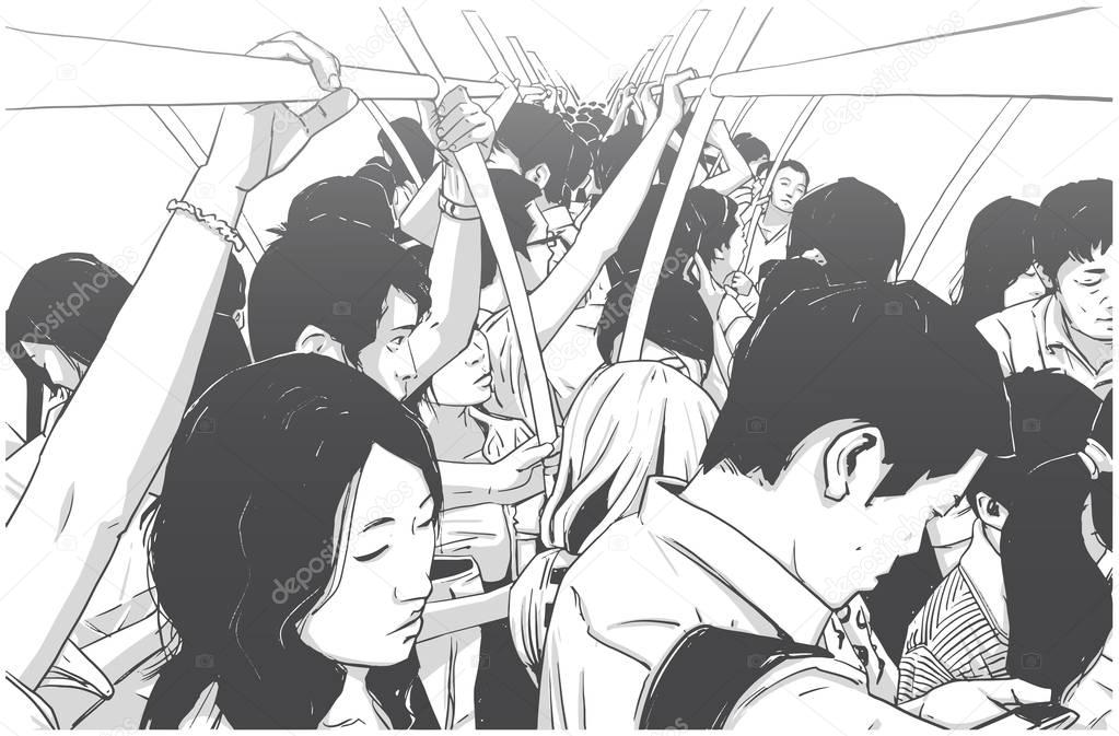 Illustration of crowded metro, subway cart in rush hour