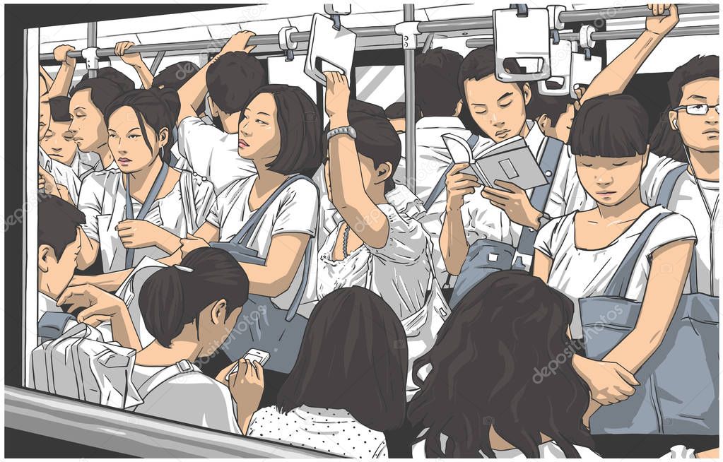 Illustration of crowded metro, subway cart in rush hour