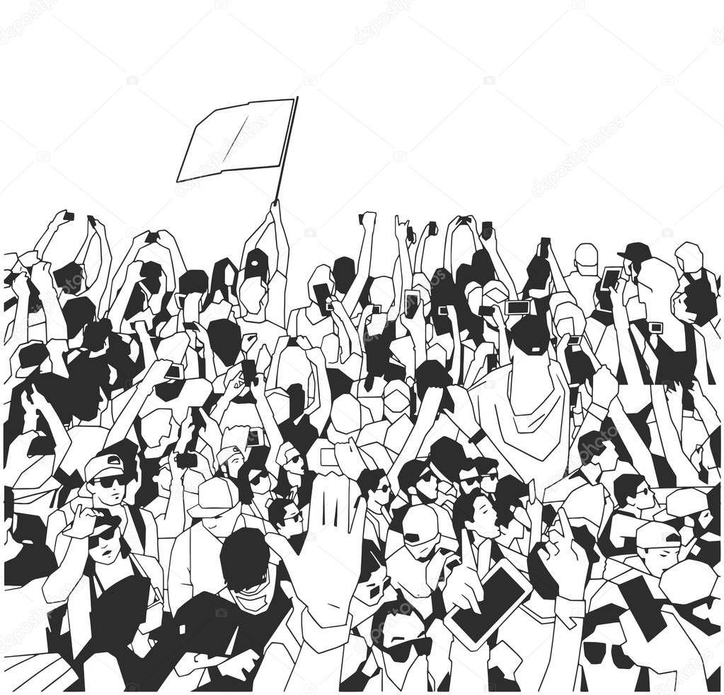 Stylized illustration, background art of party people at concert with raised hands recording in black and white