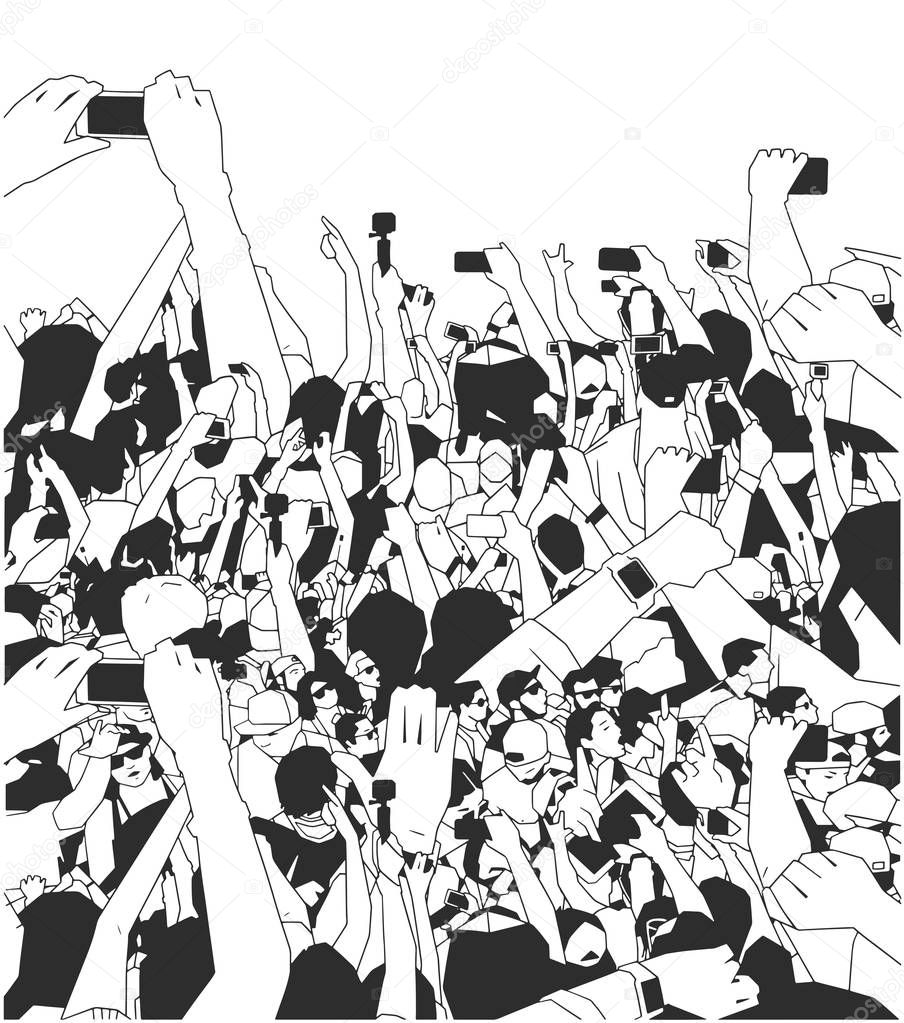 Stylized illustration, background art of party people at concert with raised hands recording in black and white