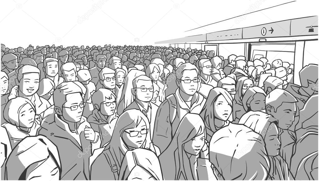 Illustration of crowded metro, subway station. People boarding cart in rush hour