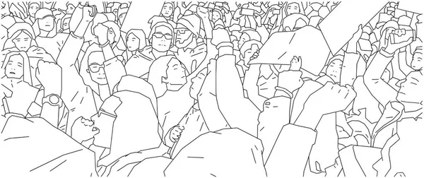 群衆の中に抗議し 白と黒のデモのイラスト — ストックベクタ