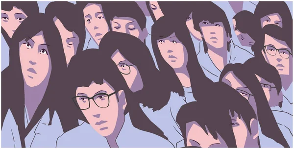 Ilustrație Stilată Unui Grup Mare Studenți Asiatici Care Protestează Culori — Vector de stoc