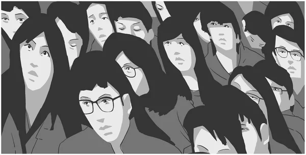 Illustration Stylisée Grand Groupe Étudiants Asiatiques Protestant Noir Blanc — Image vectorielle