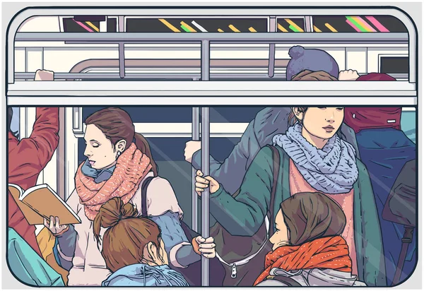 Illustration Eines Überfüllten Bahn Personenwagens — Stockvektor